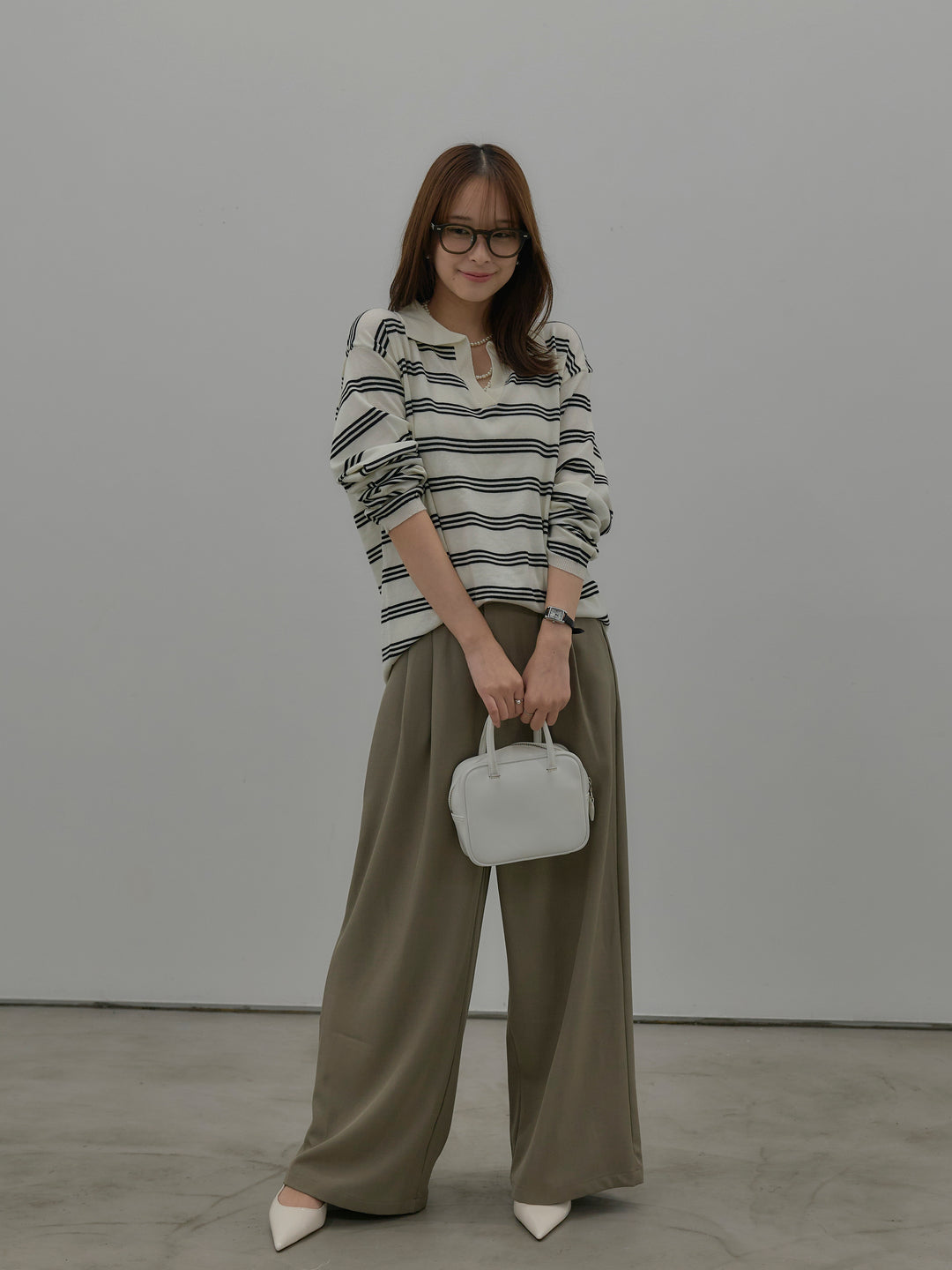 ボーダーポロ襟ニットプルオーバー