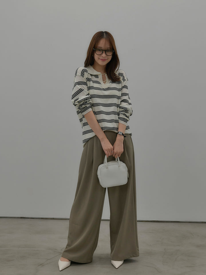 ボーダーポロ襟ニットプルオーバー