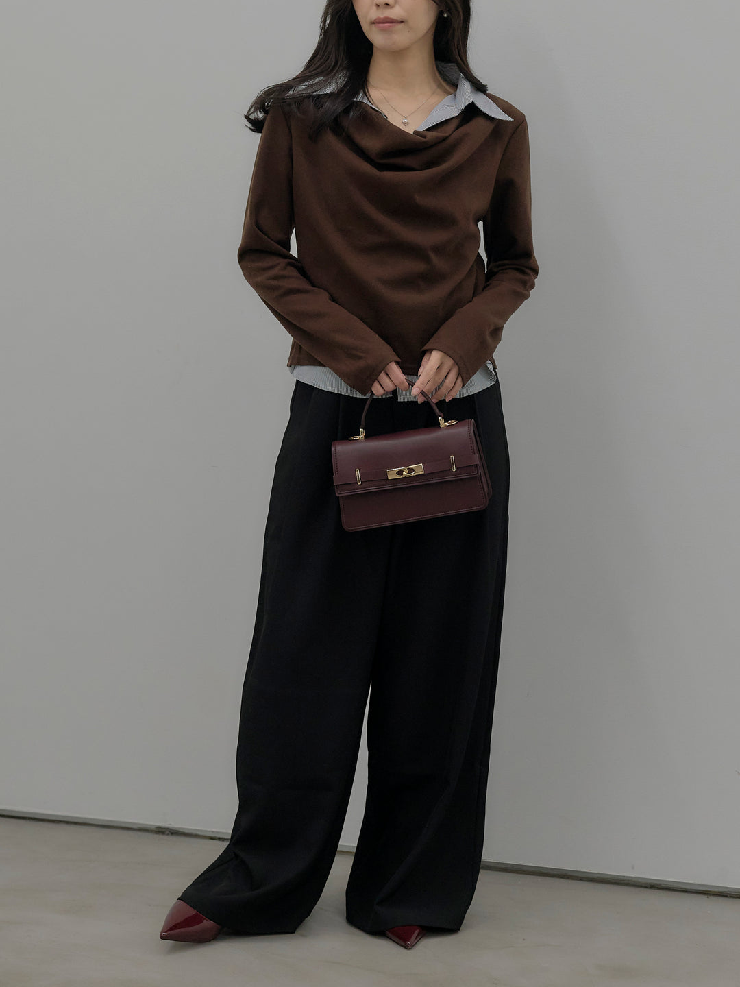 【SET】シャツレイヤードドレープニットトップス+デザインタックワイドパンツ(2set)