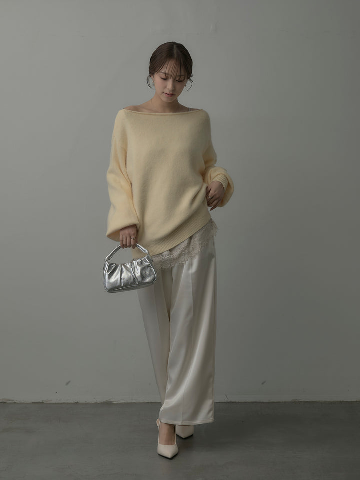 【SET】【premium touch】2wayショルダーニットプルオーバー+レースサテンキャミソール+【Essential】センタープレスサテンパンツ(3set)
