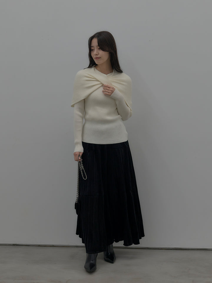 【SET】ケープライクデザインリブニットトップス+ベロアプリーツティアードスカート(2set)