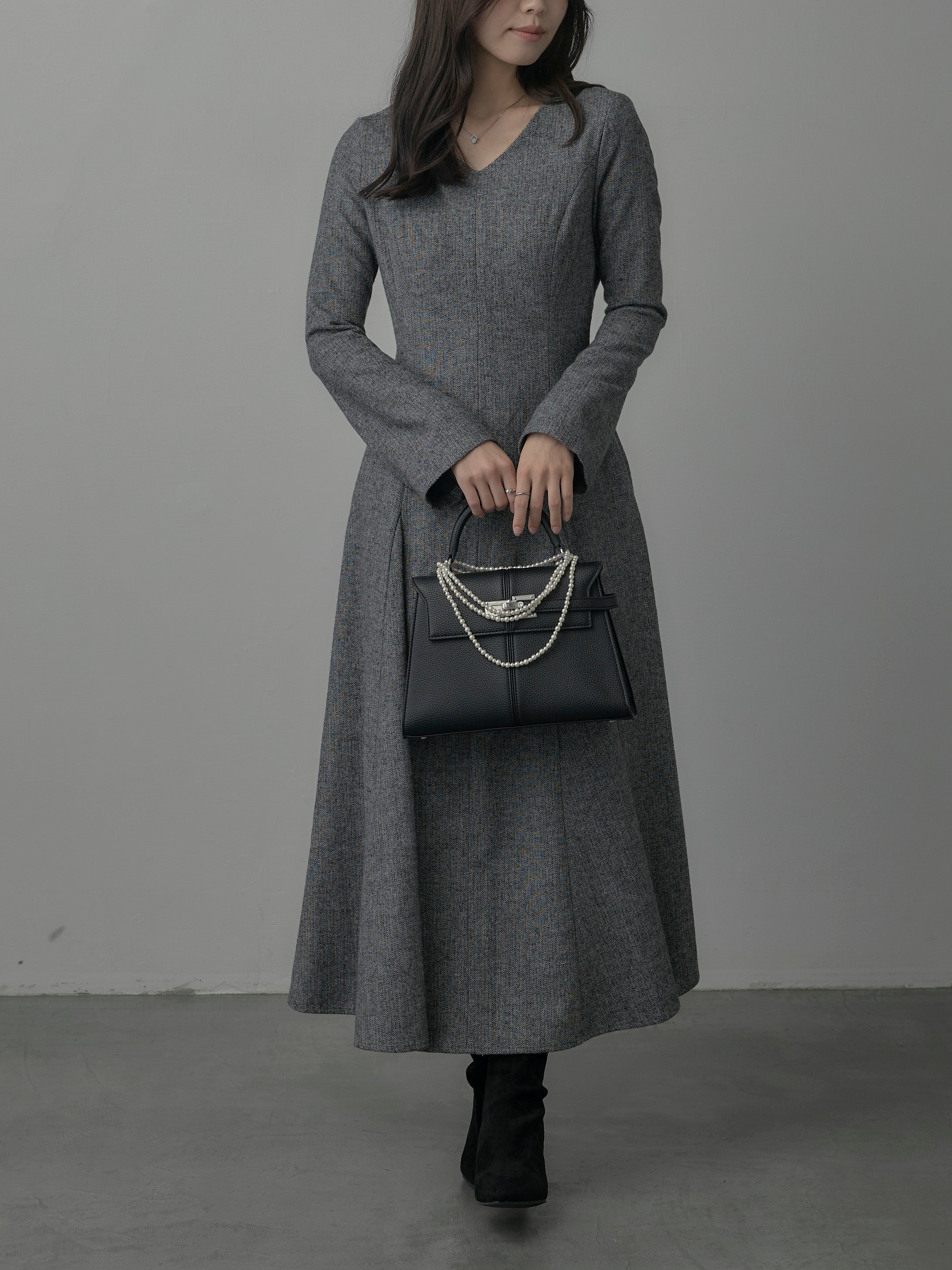 Essential】2wayスリーブヘリンボーンフレアワンピース – nairo