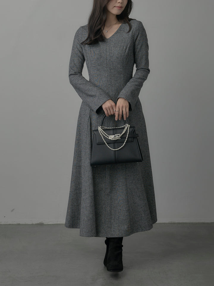 【Essential】2wayスリーブヘリンボーンフレアワンピース