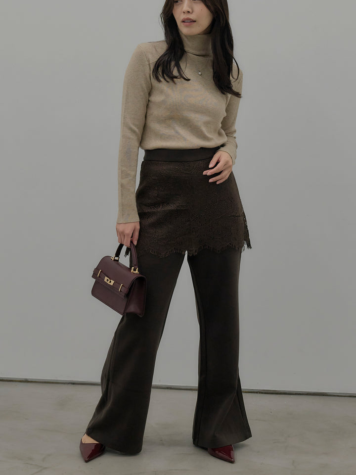 【SET】ベーシックリブタートルネック+レースレイヤードセミフレアパンツ(2set)