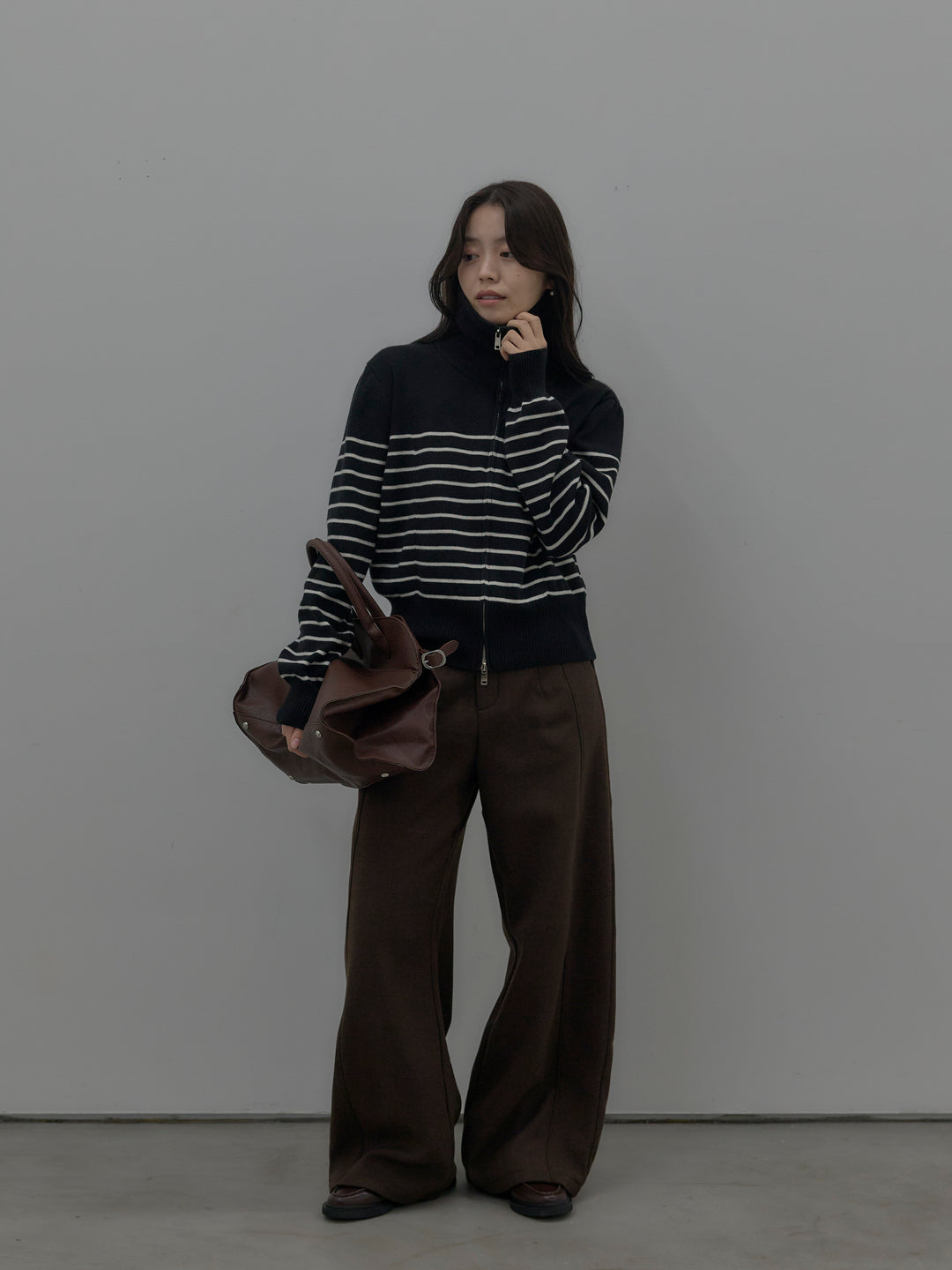 ダブルZIPハイネックボーダーニットトップス