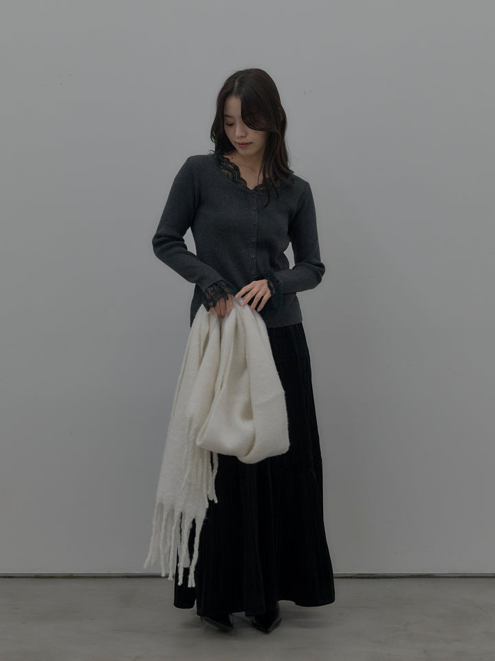 【SET】レースドッキングリブニットトップス+ベロアプリーツティアードスカート(2set)