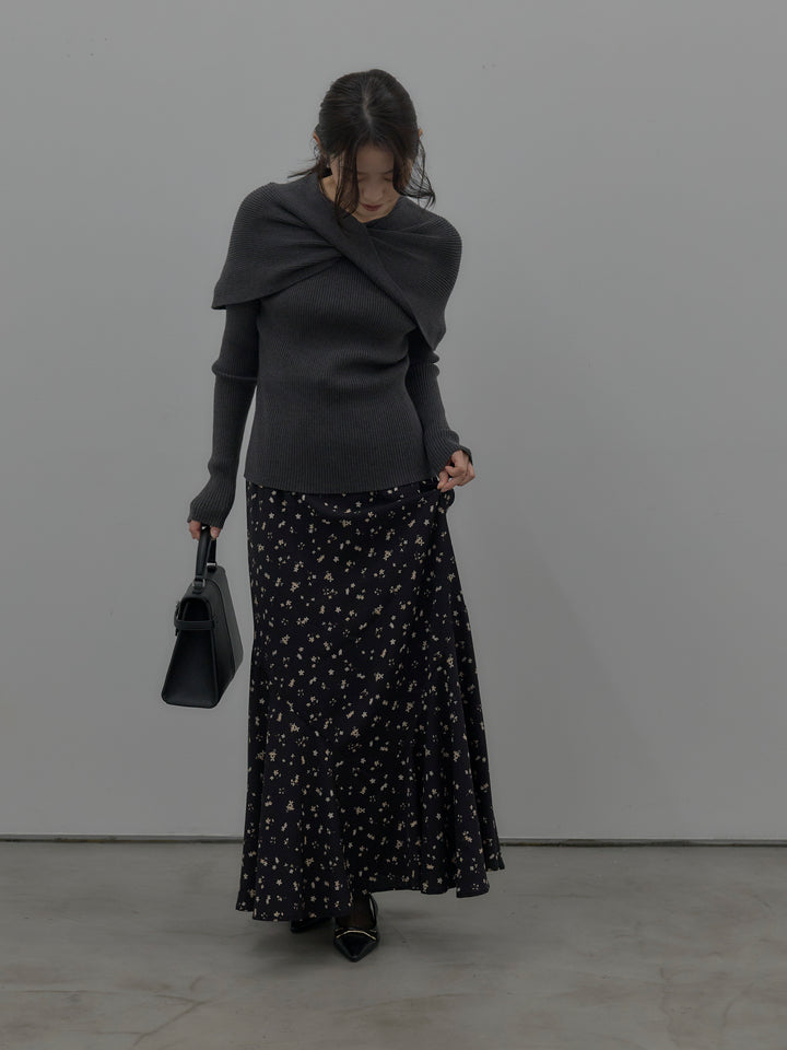 【SET】ケープライクデザインリブニットトップス+フラワーパターンマーメイドフレアスカート(2set)