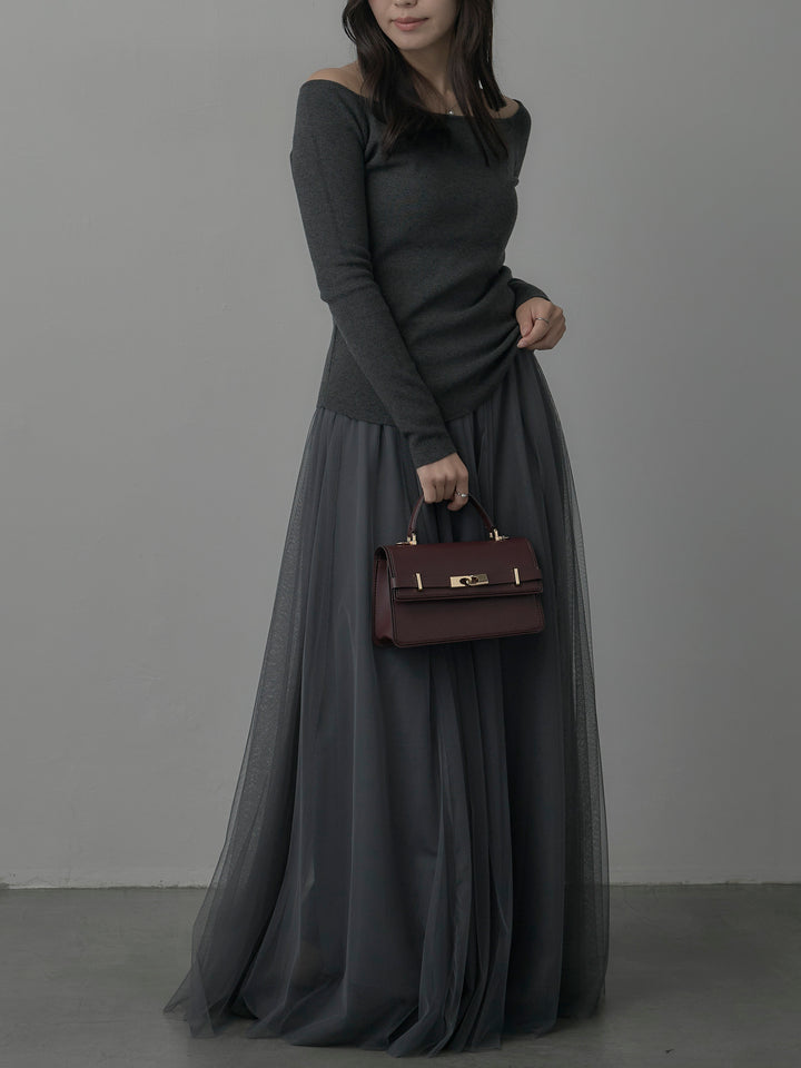 【SET】2wayリブニットポンチョトップス+ボリュームチュールスカート(2set)