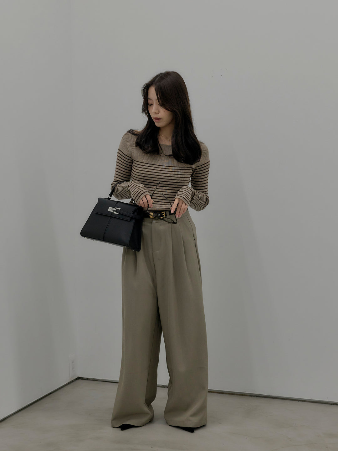 【SET】ハーフボーダーニットトップス+デザインタックワイドパンツ(2set)