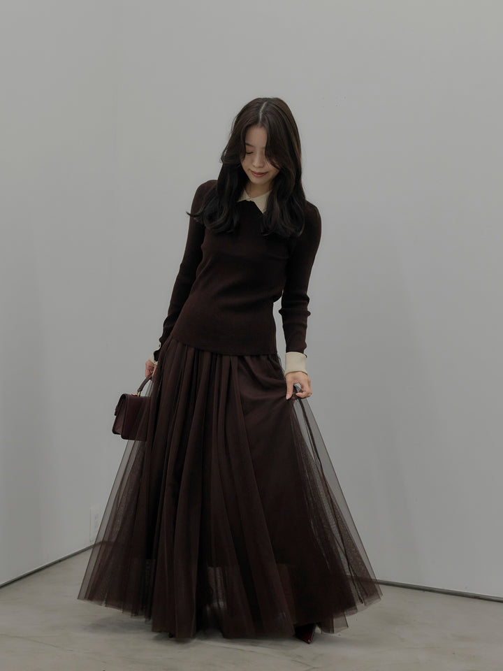 【SET】配色カフスニットポロ+ボリュームチュールスカート(2set)