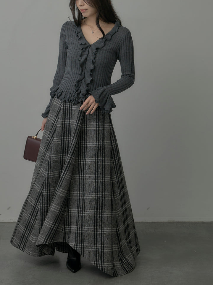 【SET】Vネックフリルデザインニットトップス+【Essential】クラシカルチェックウールタッチスカート(2set)