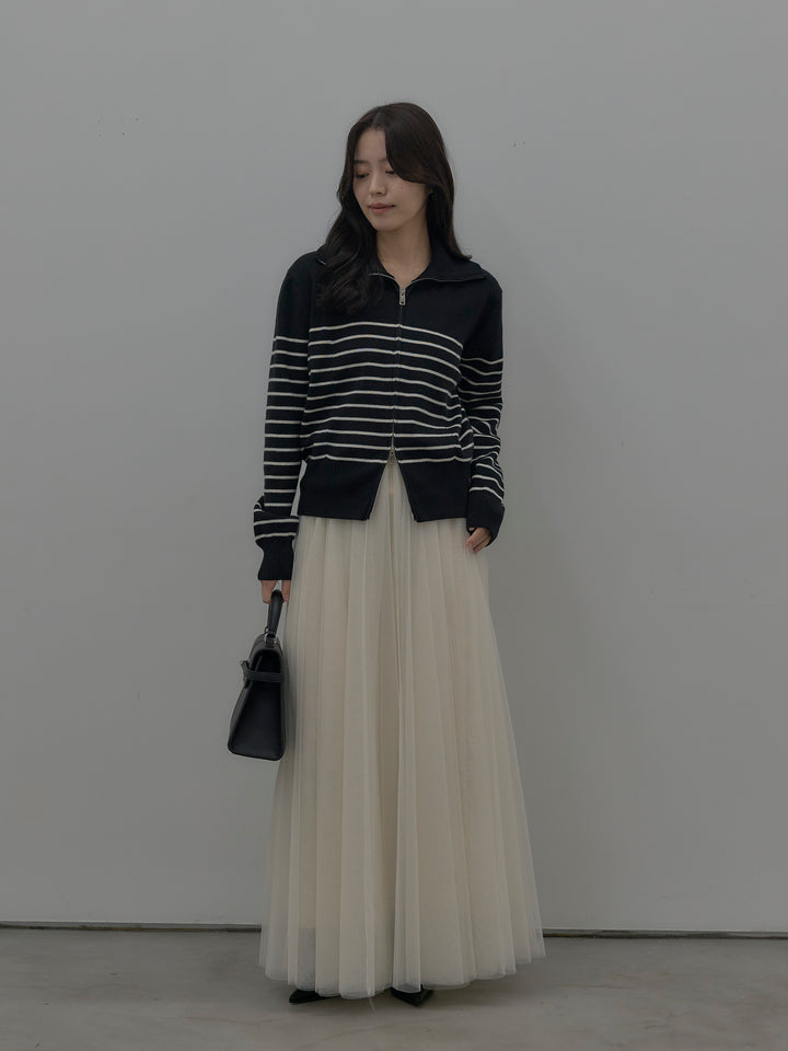 ダブルZIPハイネックボーダーニットトップス