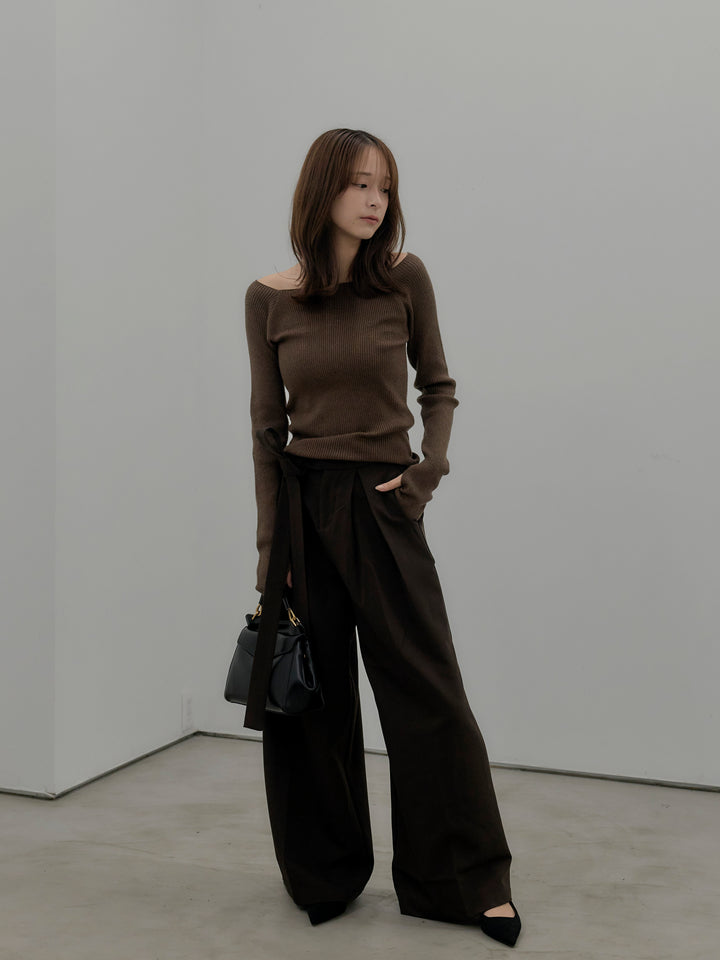 【SET】モヘアライクオーバーニットカーディガン+ウエストリボンワイドパンツ(2set)