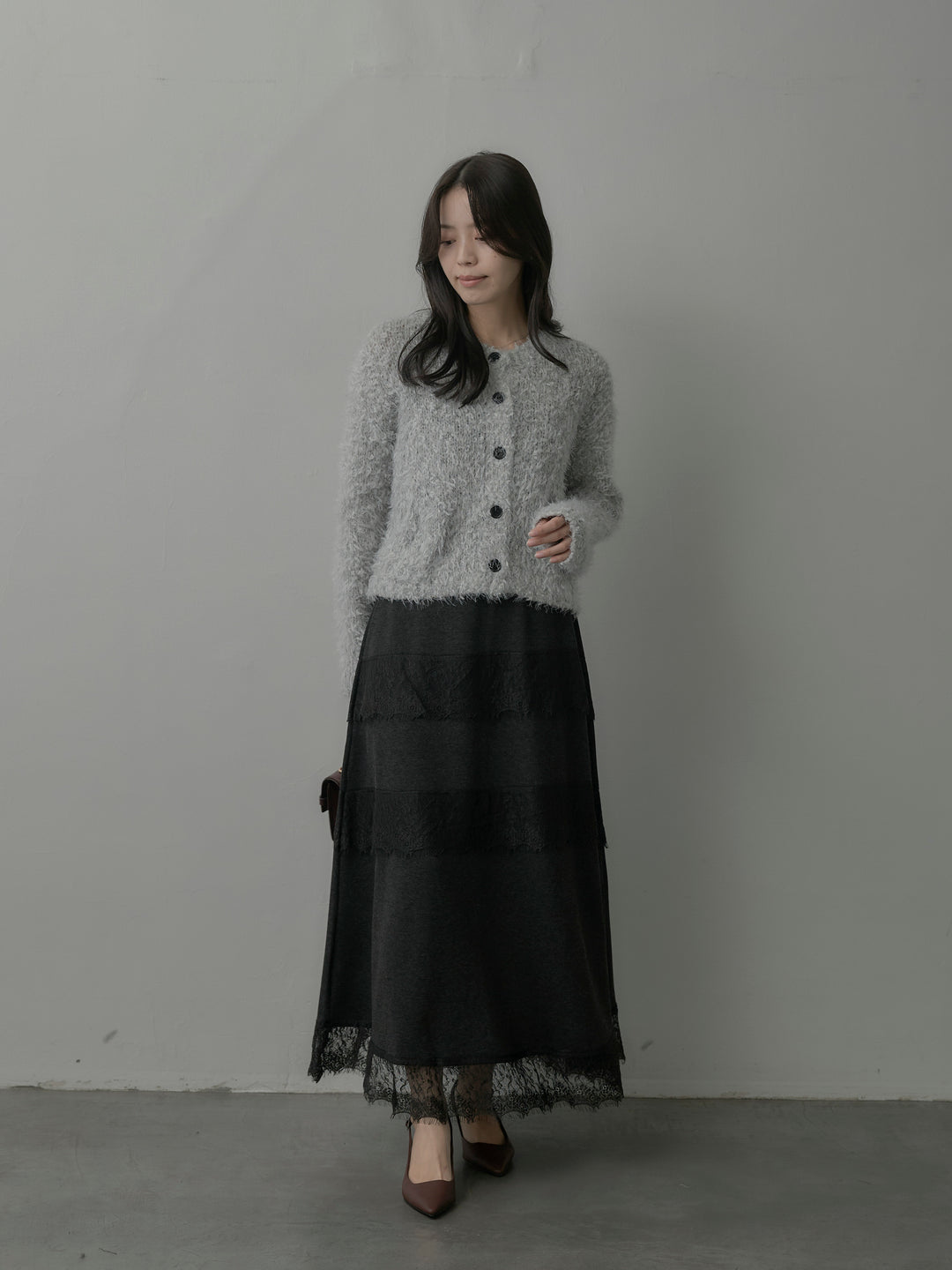 【SET】フェザーループニットカーディガン+レースデザインフレアスカート(2set)