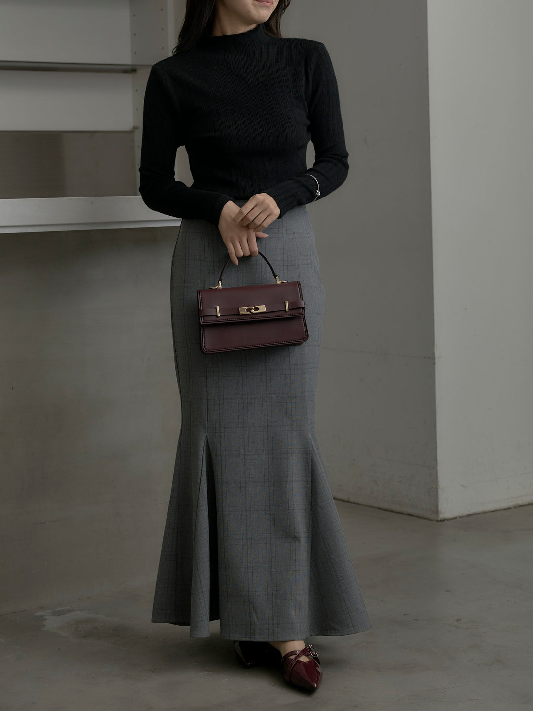 【SET】リブニットタートルネック+【Essential】チェック柄マーメイドスカート(2set)