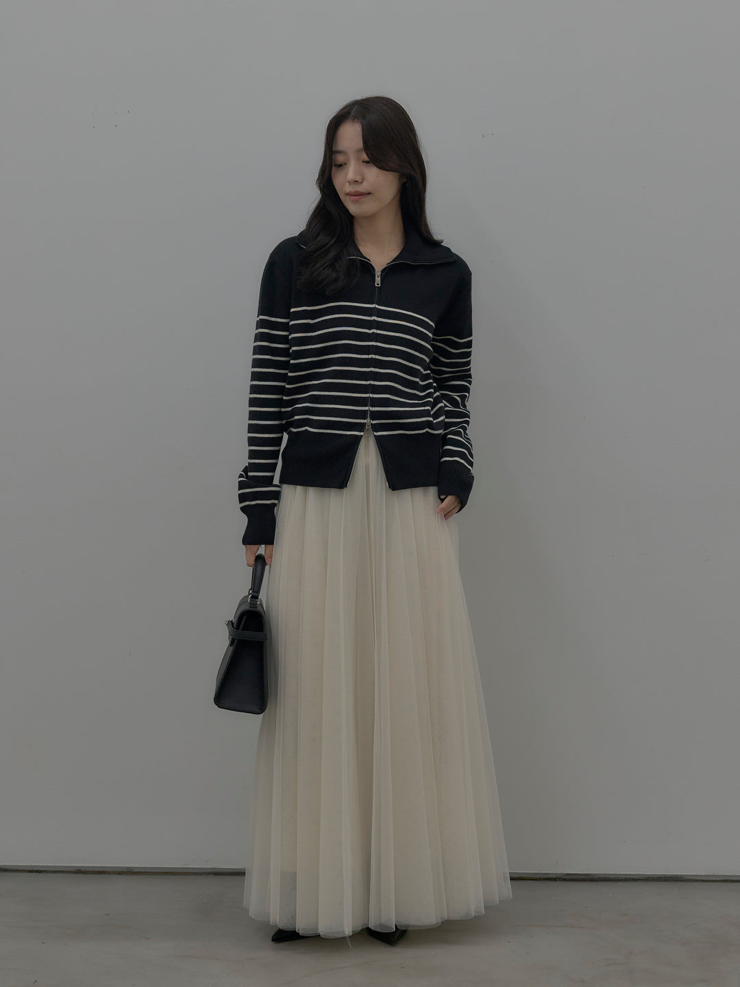 【SET】ダブルZIPハイネックボーダーニットトップス+ボリュームチュールスカート(2set)