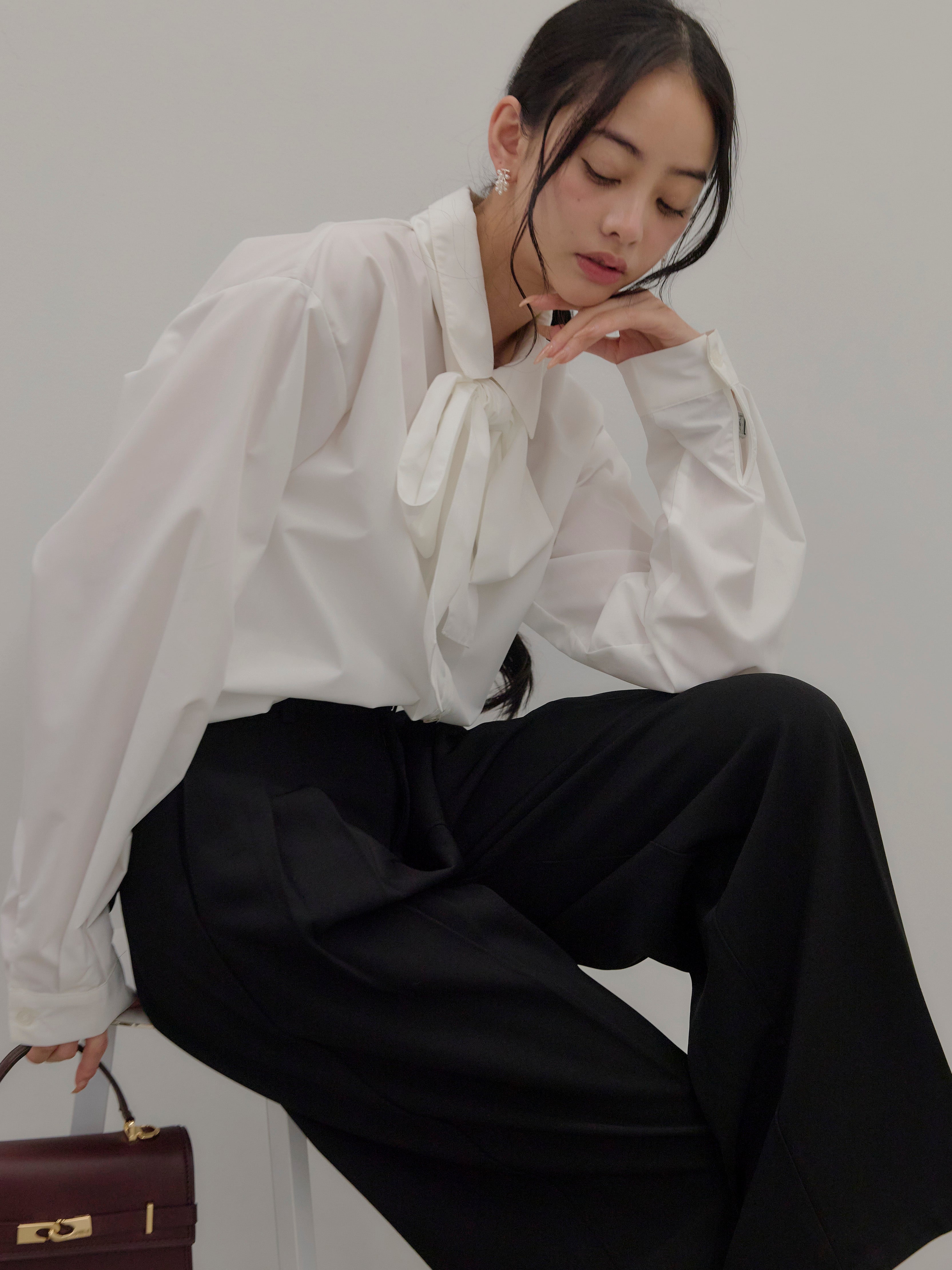 SET】ボウタイリボンシャツ+ハイウエストセンタープレスワイドパンツ