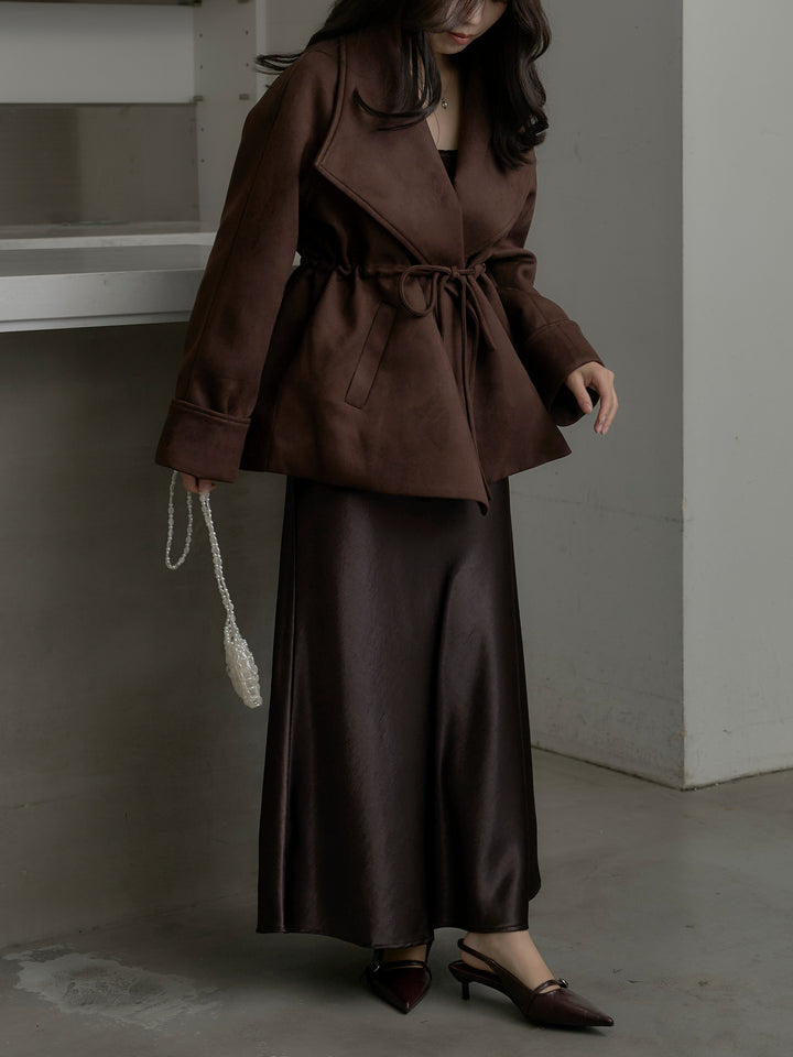 【SET】BIGカラースウェードジャケット+ナローAラインサテンスカート(2set)