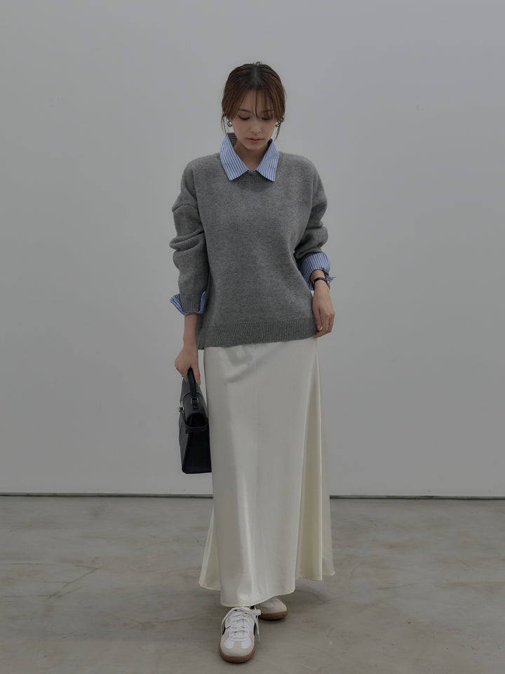 【SET】シャツドッキング肉厚ニットプルオーバー+ナローAラインサテンスカート(2set)