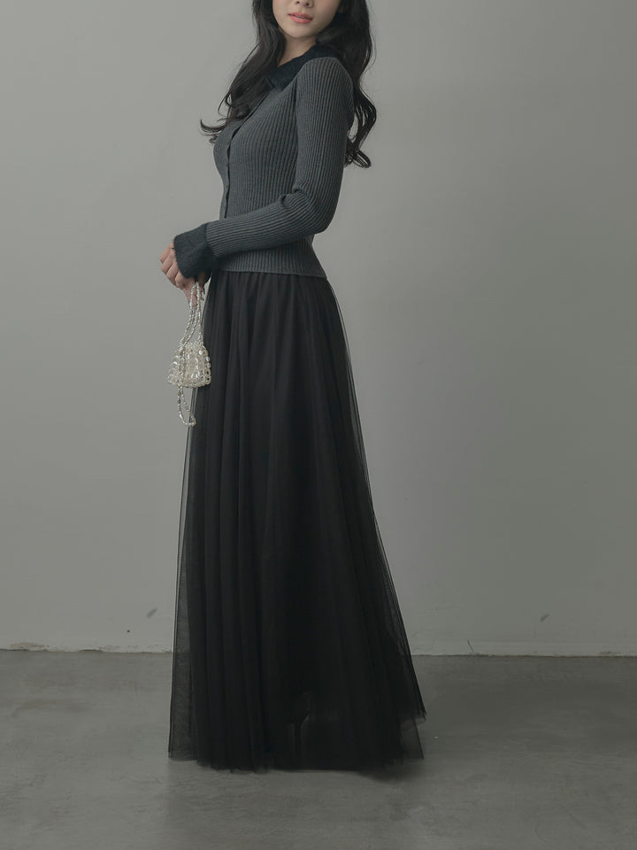 シャギー襟リブニットポロトップス