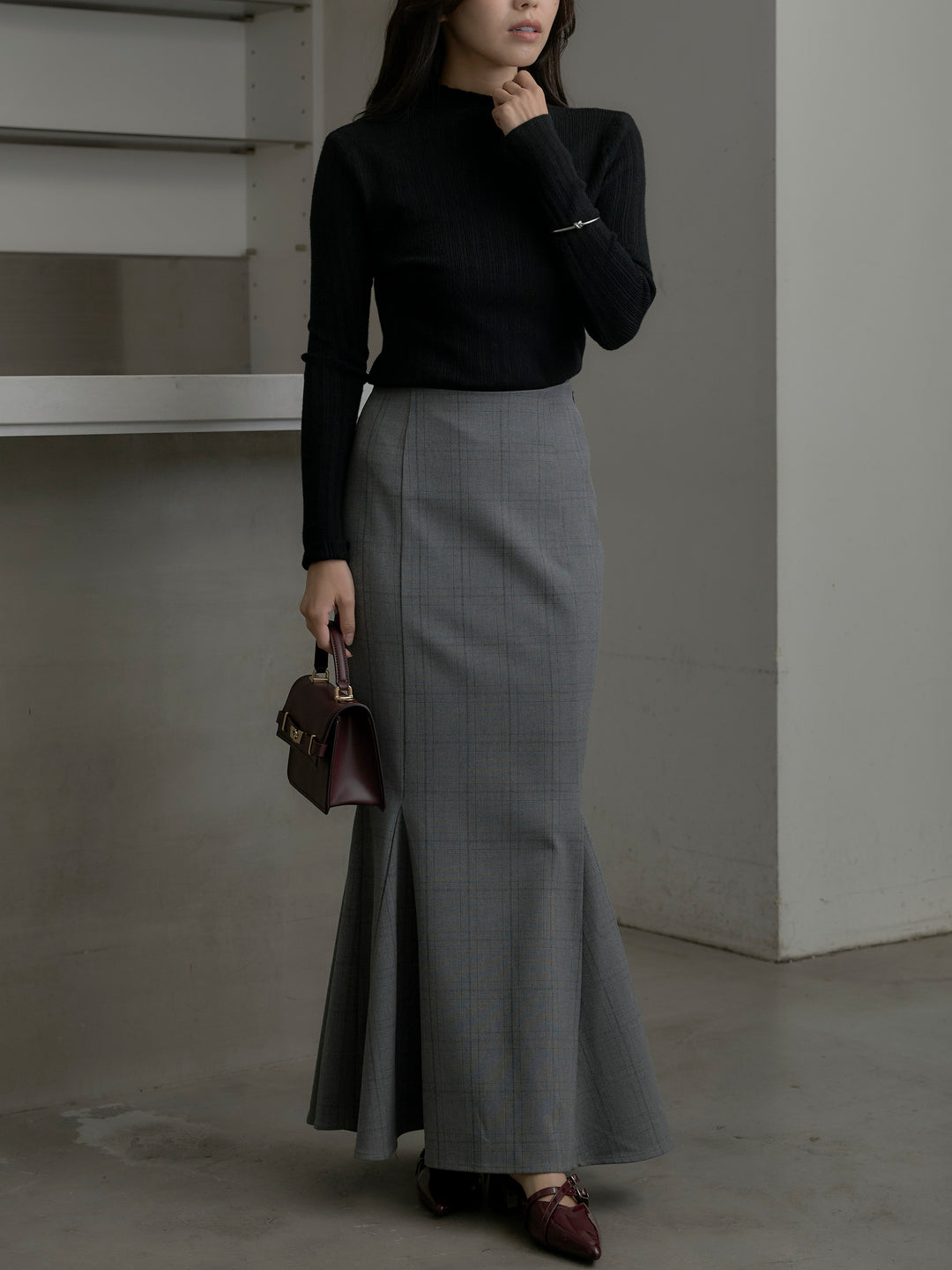 【SET】リブニットタートルネック+【Essential】チェック柄マーメイドスカート(2set)