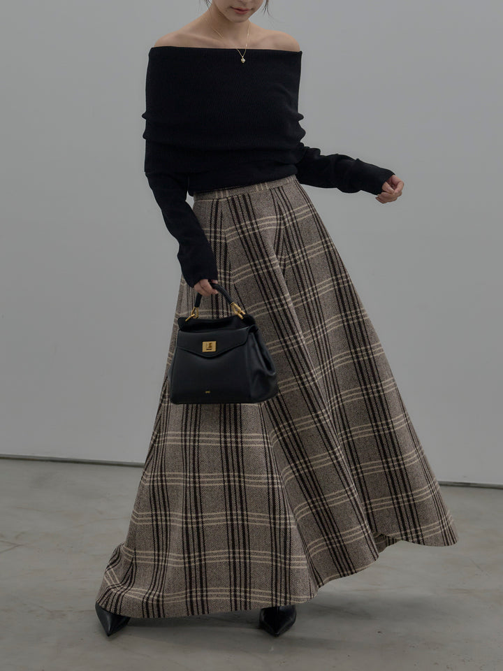 【SET】【premium touch】ソフトリブオフショルニットトップス+【Essential】クラシカルチェックウールタッチスカート(2set)
