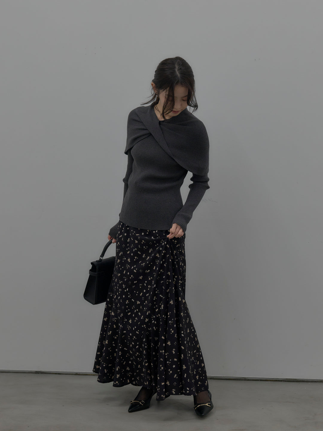 【SET】ケープライクデザインリブニットトップス+フラワーパターンマーメイドフレアスカート(2set)