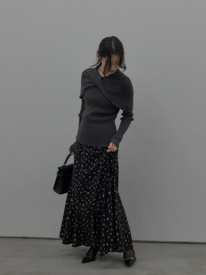 【SET】ケープライクデザインリブニットトップス+フラワーパターンマーメイドフレアスカート(2set)