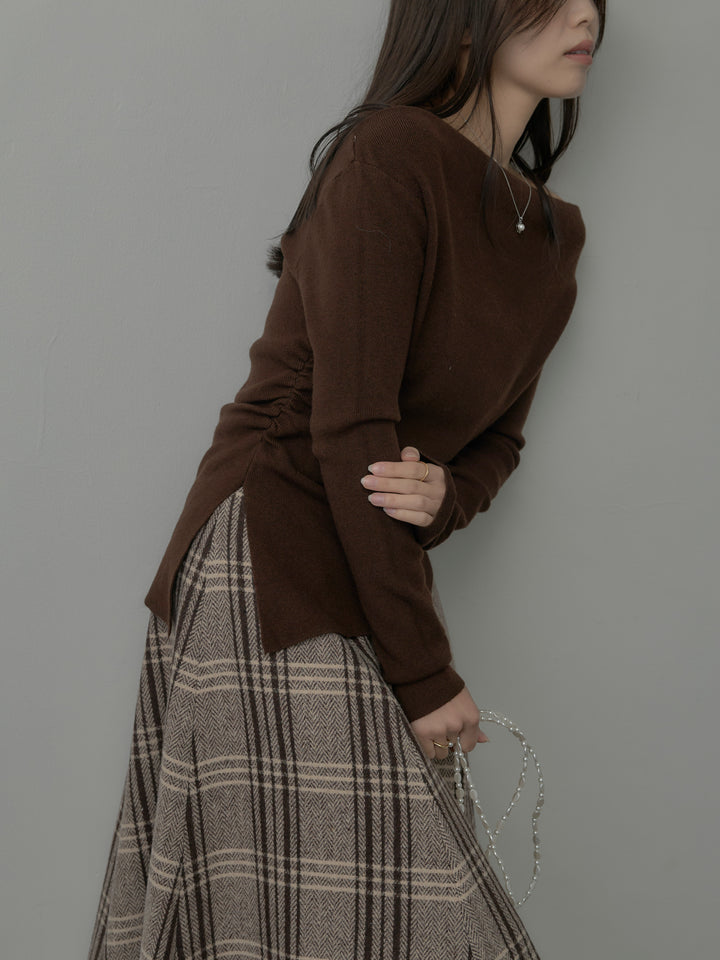 【SET】サイドスリットボートネックニットトップス+【Essential】クラシカルチェックウールタッチスカート(2set)