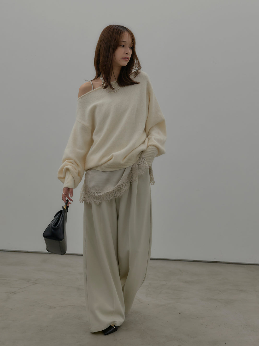 【SET】【premium touch】2wayショルダーニットプルオーバー+レースサテンキャミソール(2set)