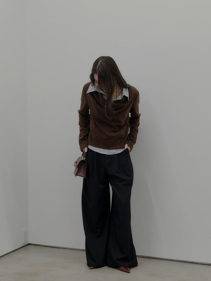 【SET】シャツレイヤードドレープニットトップス+デザインタックワイドパンツ(2set)