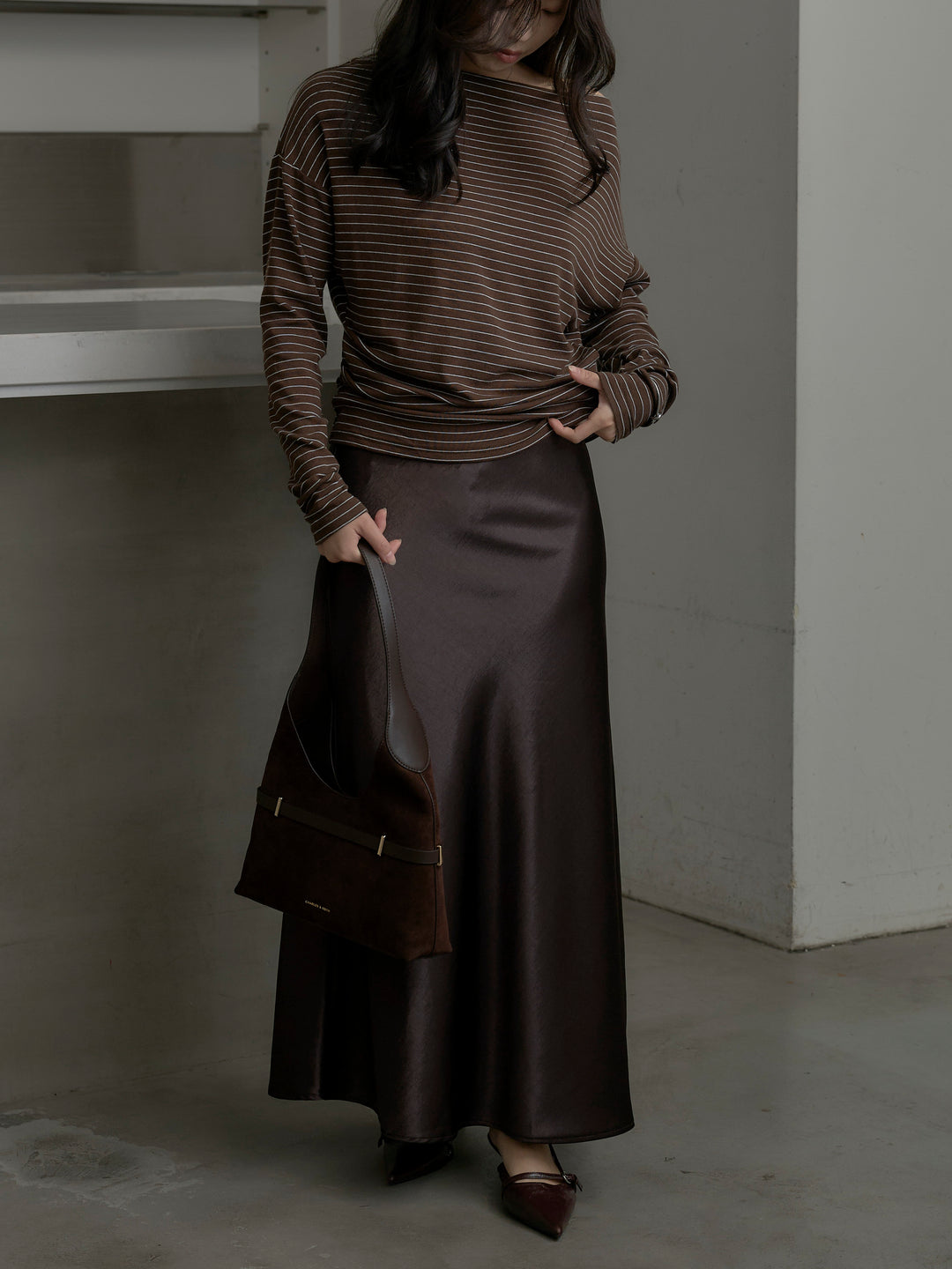 【SET】2wayショルダーボーダートップス+ナローAラインサテンスカート(2set)