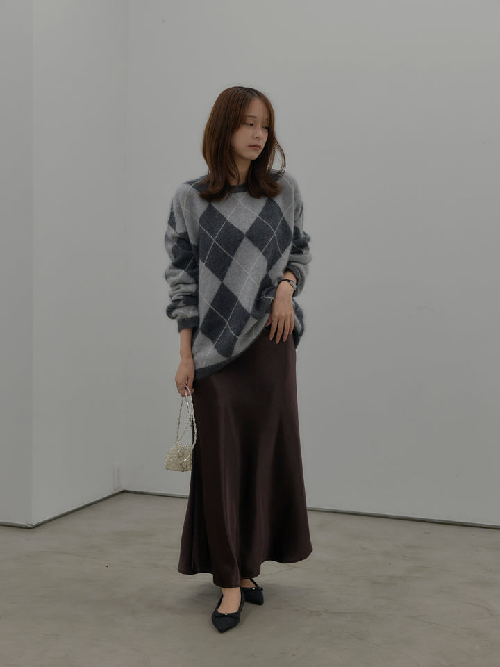 【SET】【premium touch】アーガイル柄ニットプルオーバー+ナローAラインサテンスカート(2set)
