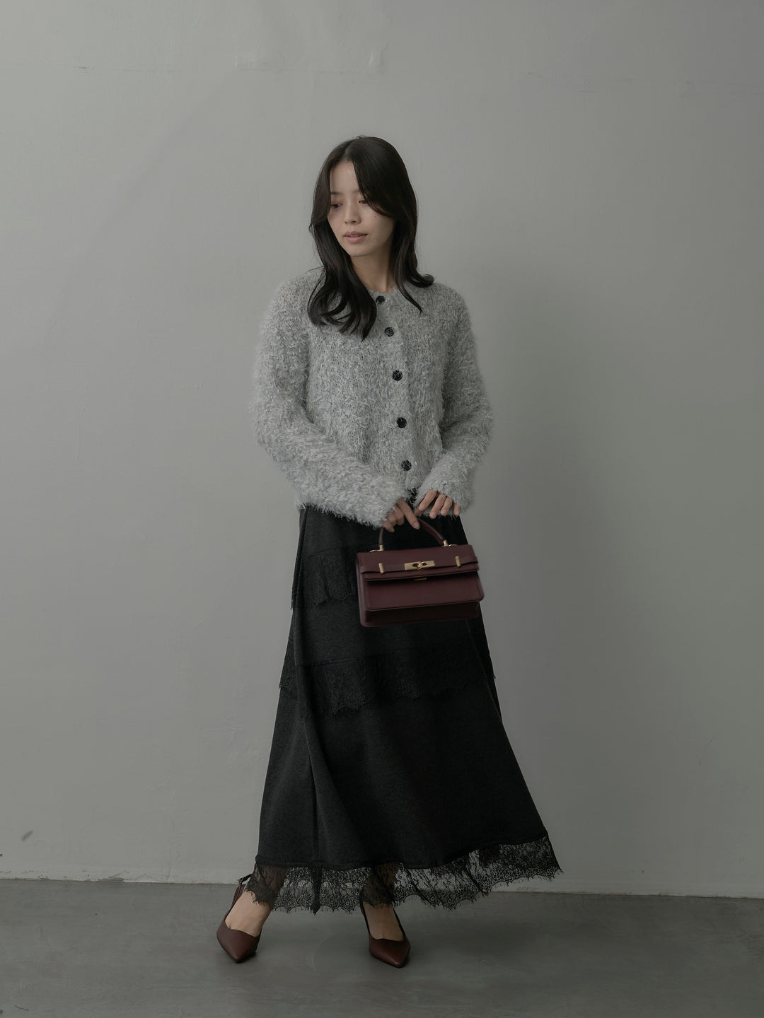 【SET】フェザーループニットカーディガン+レースデザインフレアスカート(2set)