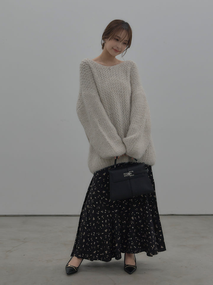 【SET】ラメ糸ローゲージ編みオーバーニットトップス+フラワーパターンマーメイドフレアスカート(2set)