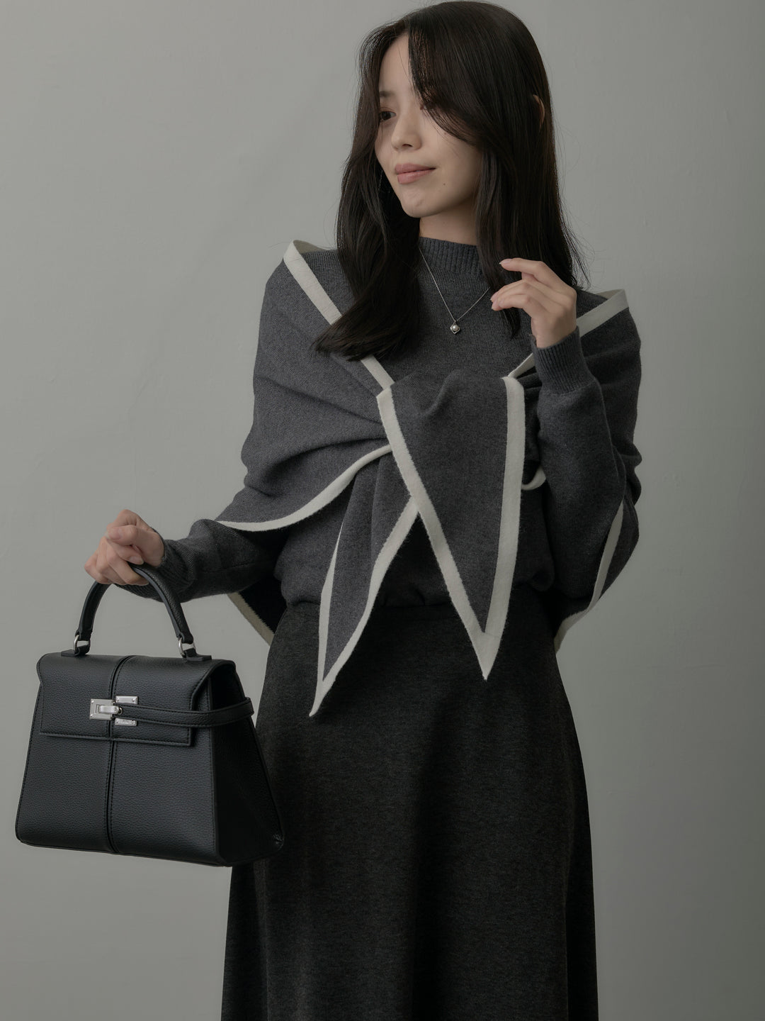 【SET】配色スカーフ付きニットトップス+リラクシーフレアロングスカート(2set)