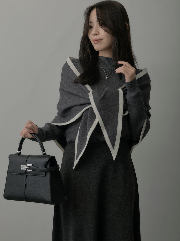 【SET】配色スカーフ付きニットトップス+リラクシーフレアロングスカート(2set)