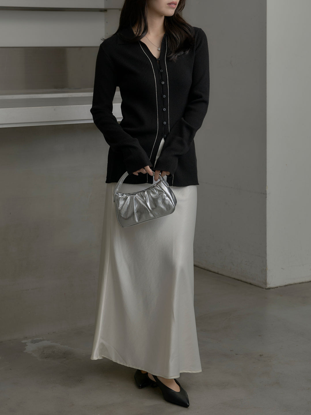 【SET】リブ配色ラインポロニットカーディガン+ナローAラインサテンスカート(2set)