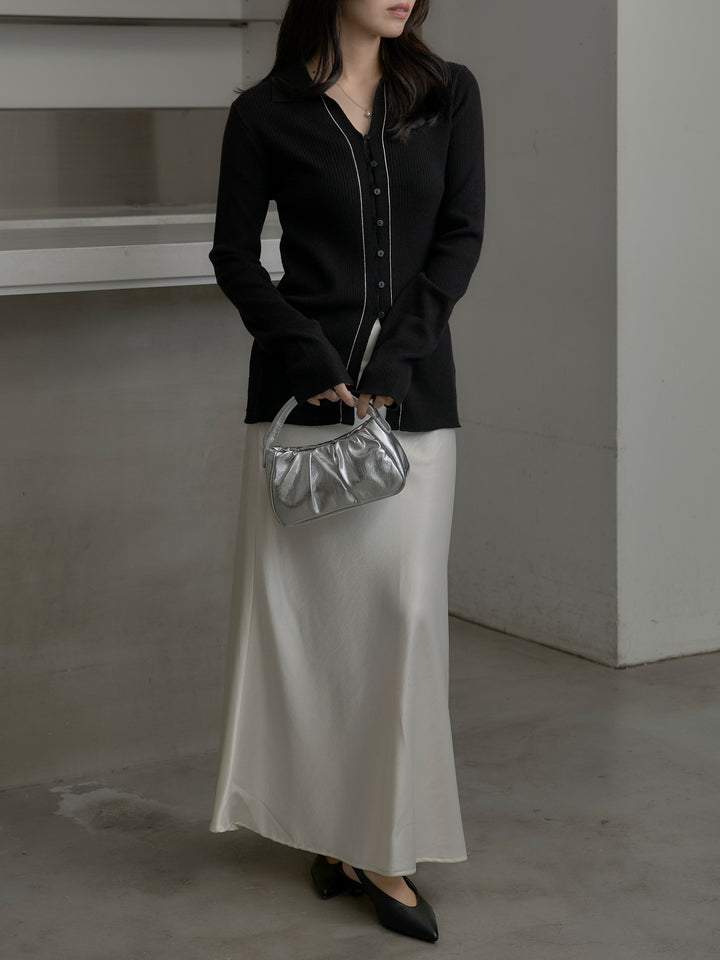 【SET】リブ配色ラインポロニットカーディガン+ナローAラインサテンスカート(2set)