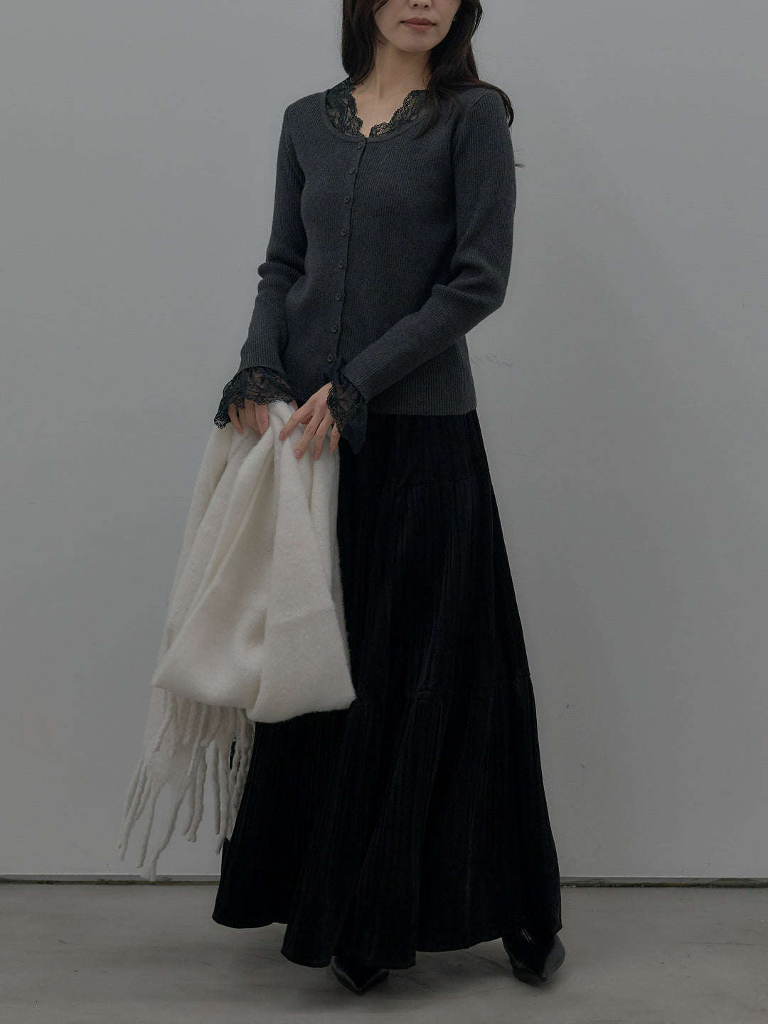 【SET】レースドッキングリブニットトップス+ベロアプリーツティアードスカート(2set)