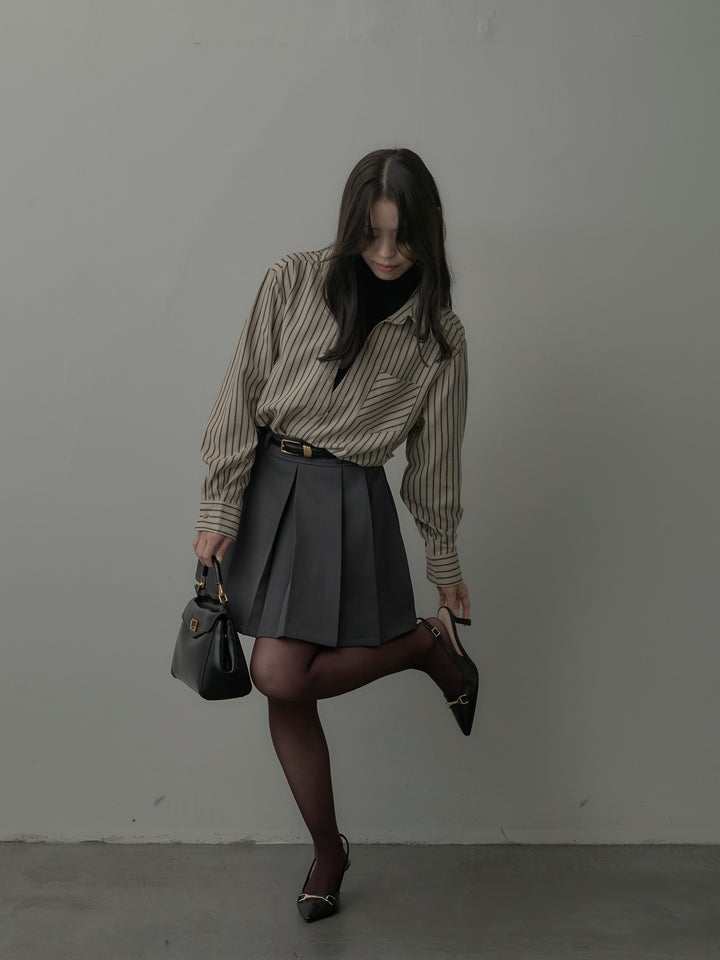 【SET】スエードタッチドッキングデザインストライプシャツ+ベルト付きプリーツミニスカート(2set)