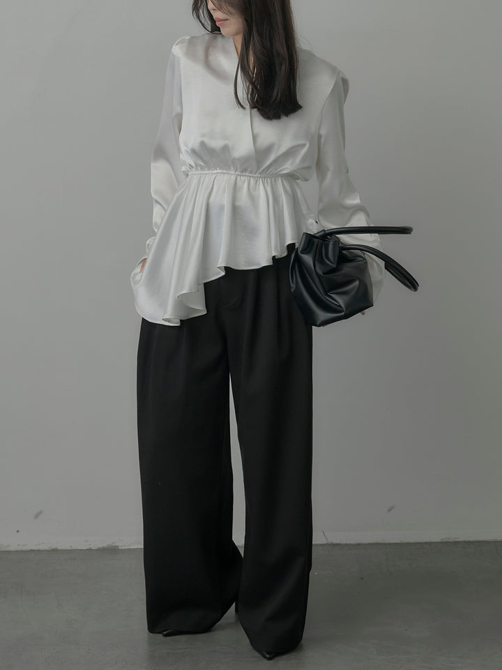 【SET】Vネックアシメサテンブラウス+【Essential】３タックスラックス(2set)