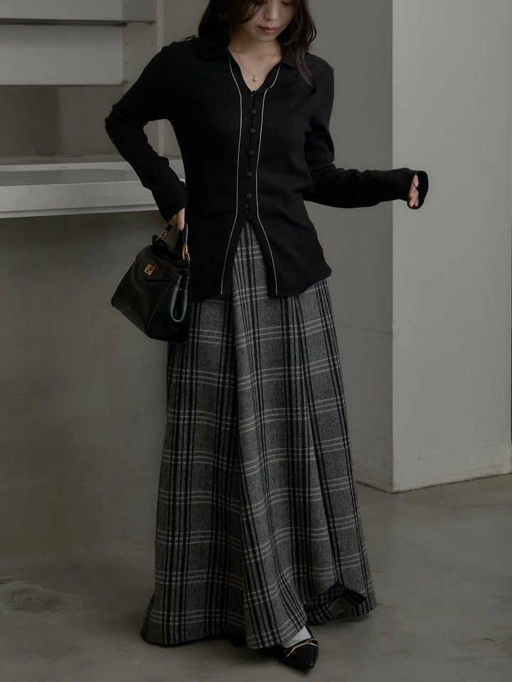 【SET】リブ配色ラインポロニットカーディガン+【Essential】クラシカルチェックウールタッチスカート(2set)
