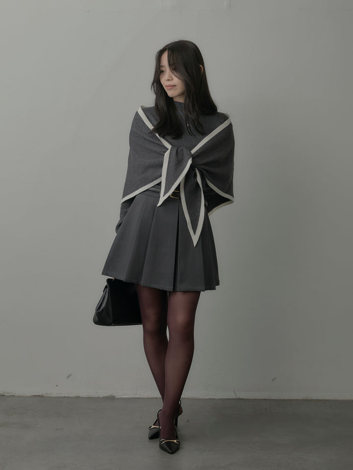 【SET】配色スカーフ付きニットトップス+ベルト付きプリーツミニスカート(2set)