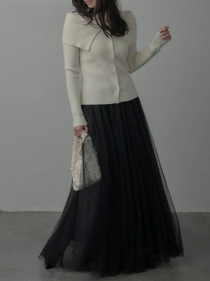 【SET】オフショルライクリブニットトップス+ボリュームチュールスカート(2set)