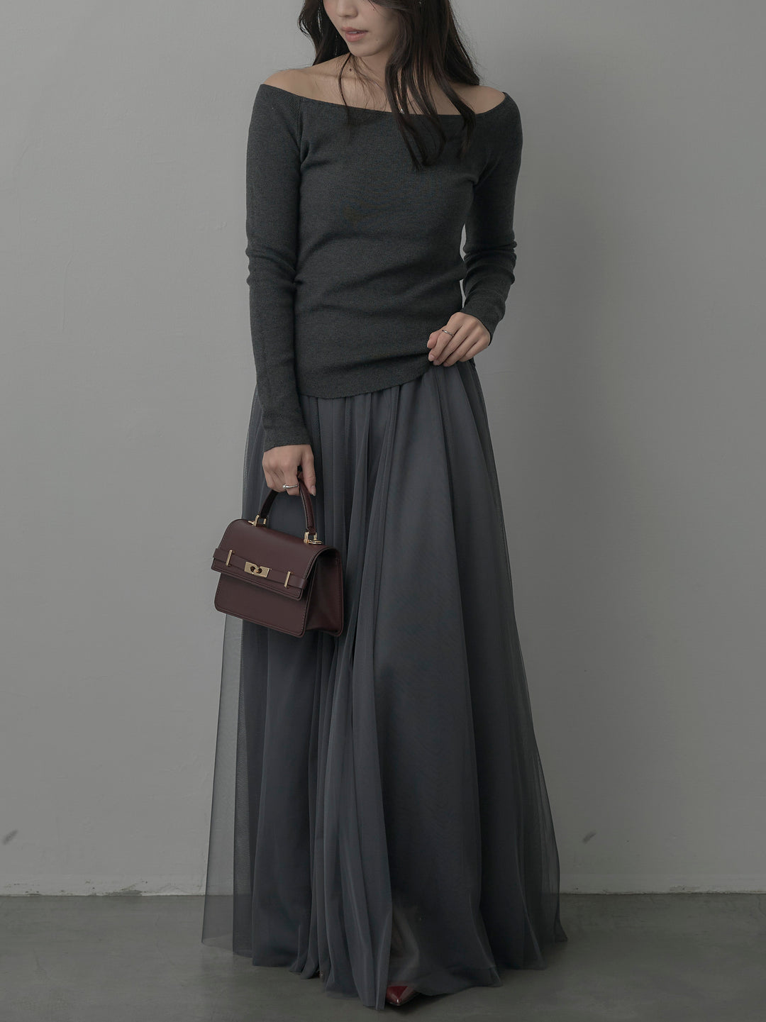 【SET】2wayリブニットポンチョトップス+ボリュームチュールスカート(2set)