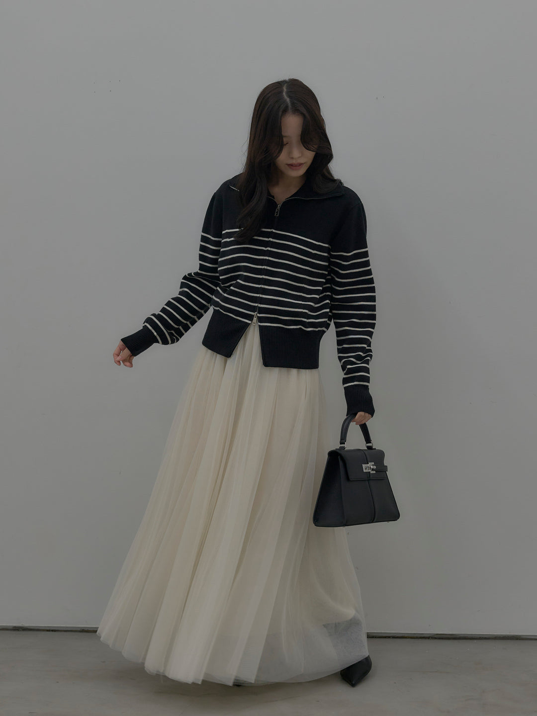 【SET】ダブルZIPハイネックボーダーニットトップス+ボリュームチュールスカート(2set)