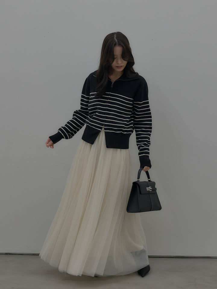 【SET】ダブルZIPハイネックボーダーニットトップス+ボリュームチュールスカート(2set)