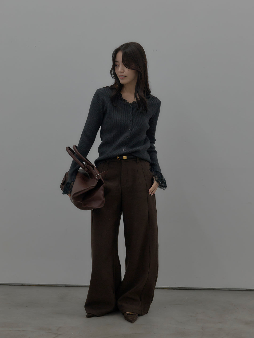 【SET】レースドッキングリブニットトップス+裏起毛デザインワイドパンツ(2set)