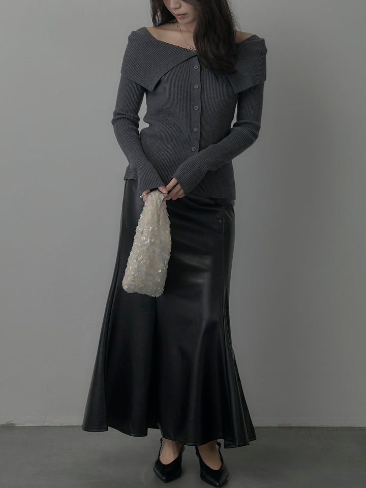【SET】オフショルライクリブニットトップス+レザーマーメイドスカート(2set)